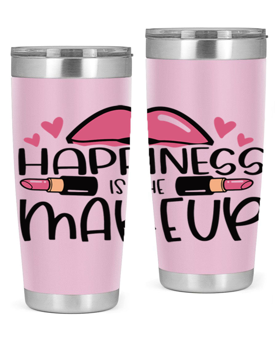 Hapiness Is The Makeup Style 95# Tumbler featuring a stylish design, double wall vacuum stainless steel construction, and a drink-thru lid.
