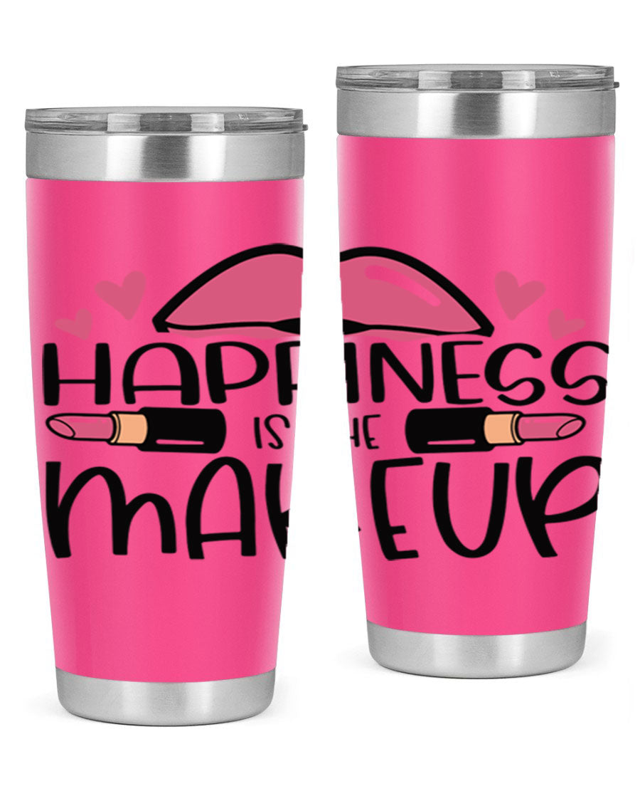 Hapiness Is The Makeup Style 95# Tumbler featuring a stylish design, double wall vacuum stainless steel construction, and a drink-thru lid.