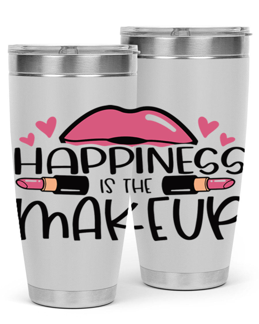 Hapiness Is The Makeup Style 95# Tumbler featuring a stylish design, double wall vacuum stainless steel construction, and a drink-thru lid.