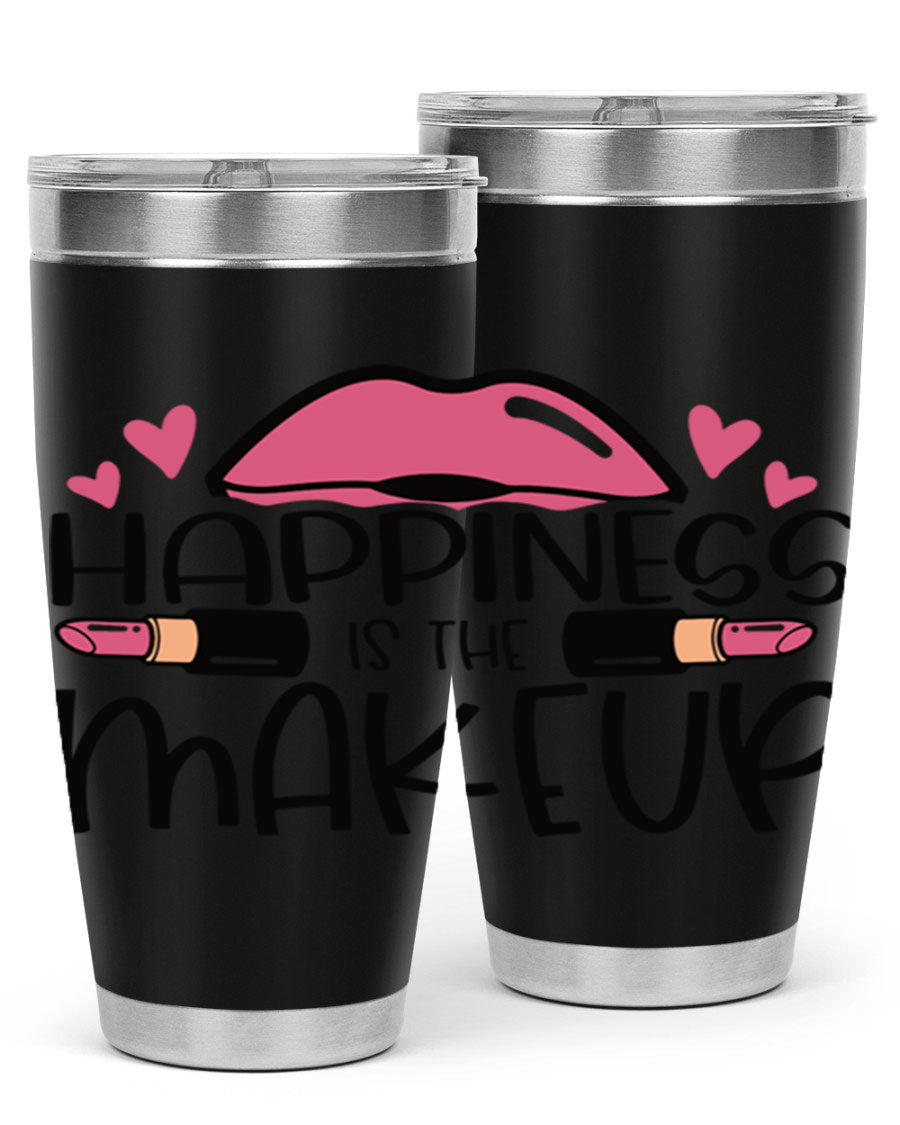 Hapiness Is The Makeup Style 95# Tumbler featuring a stylish design, double wall vacuum stainless steel construction, and a drink-thru lid.
