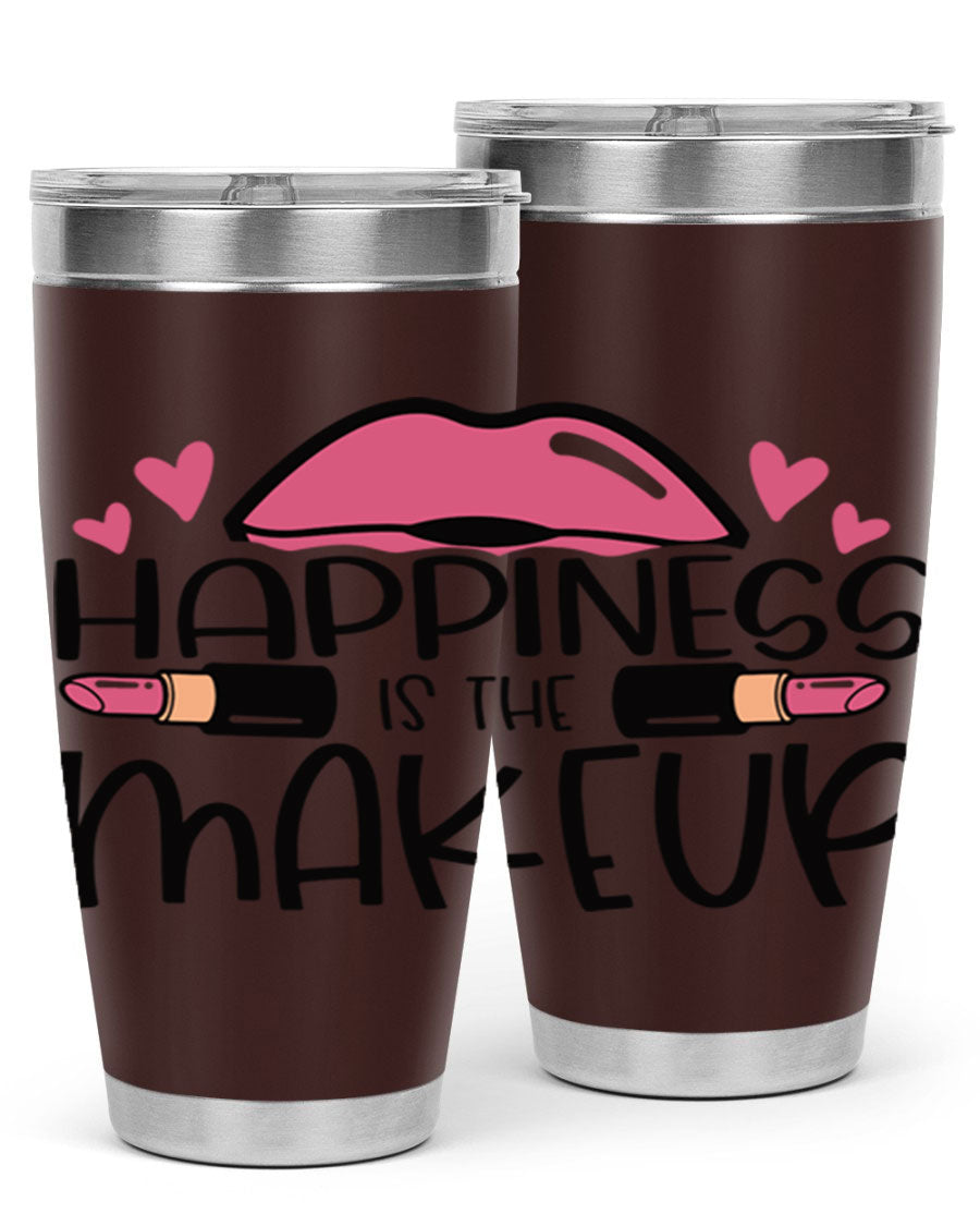 Hapiness Is The Makeup Style 95# Tumbler featuring a stylish design, double wall vacuum stainless steel construction, and a drink-thru lid.