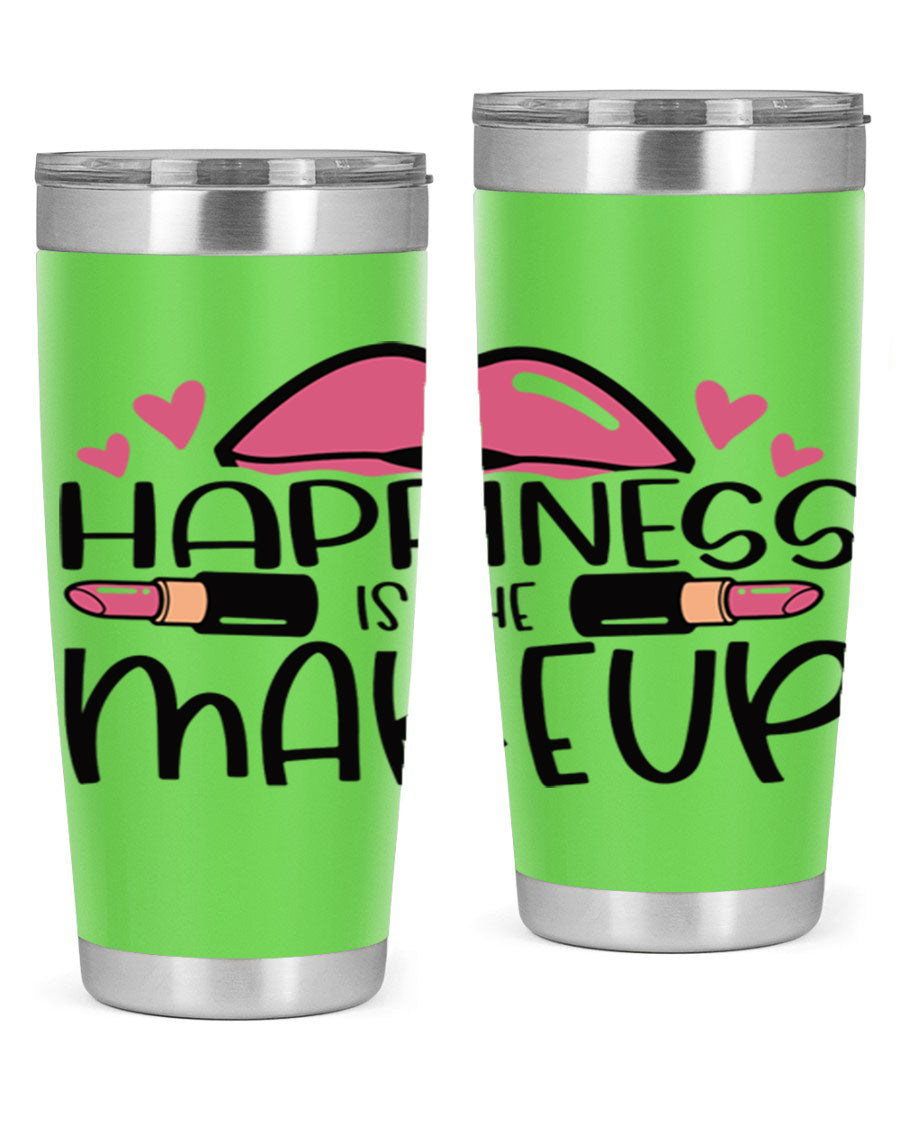 Hapiness Is The Makeup Style 95# Tumbler featuring a stylish design, double wall vacuum stainless steel construction, and a drink-thru lid.