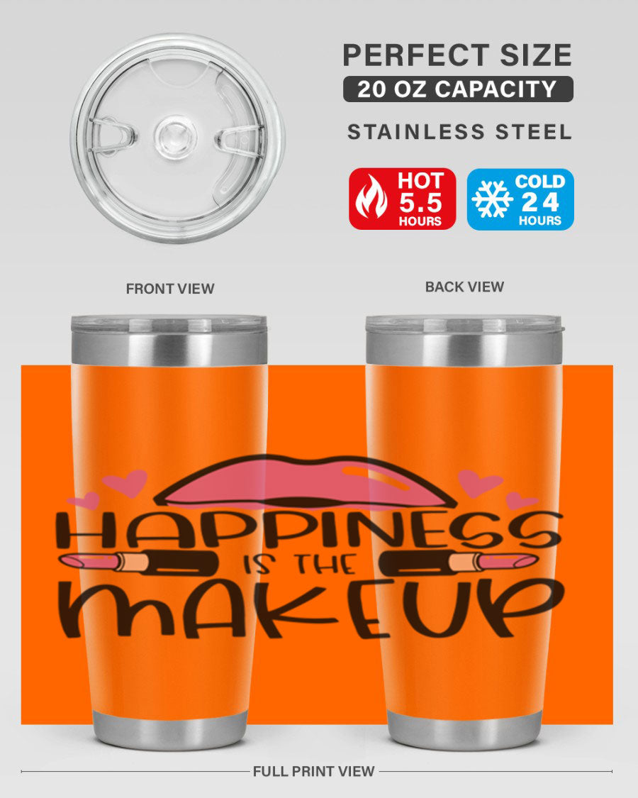 Hapiness Is The Makeup Style 95# Tumbler featuring a stylish design, double wall vacuum stainless steel construction, and a drink-thru lid.