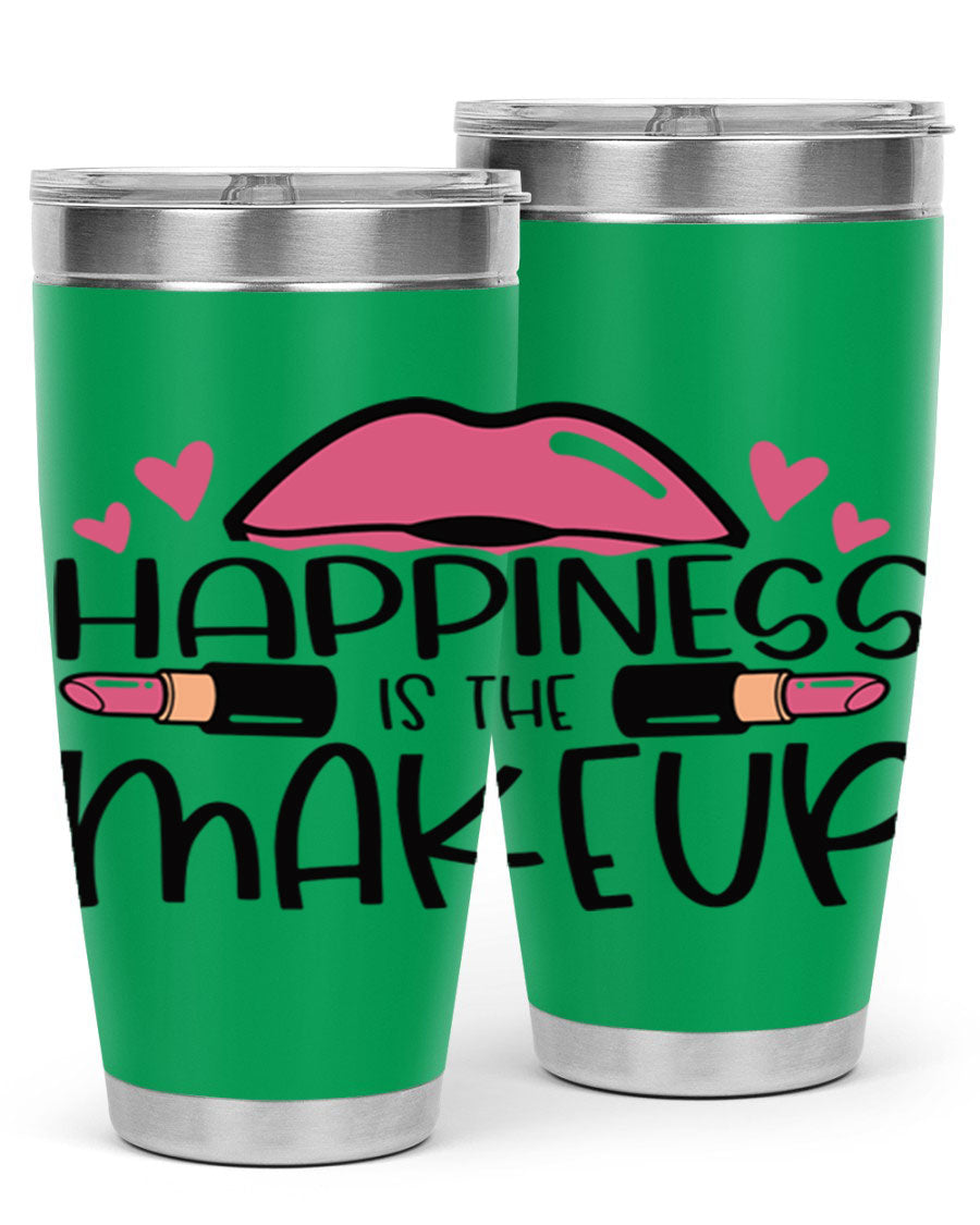 Hapiness Is The Makeup Style 95# Tumbler featuring a stylish design, double wall vacuum stainless steel construction, and a drink-thru lid.