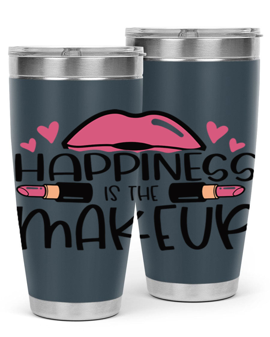 Hapiness Is The Makeup Style 95# Tumbler featuring a stylish design, double wall vacuum stainless steel construction, and a drink-thru lid.