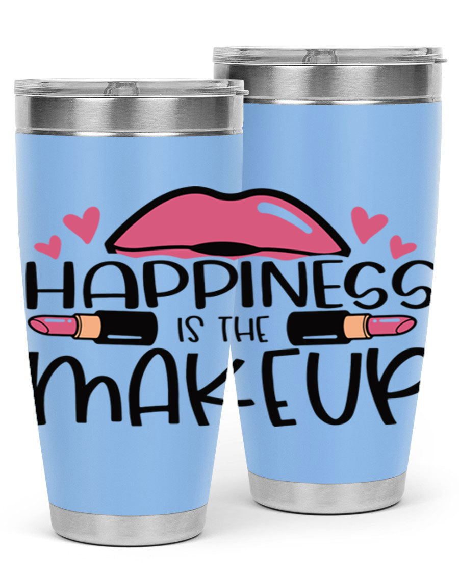Hapiness Is The Makeup Style 95# Tumbler featuring a stylish design, double wall vacuum stainless steel construction, and a drink-thru lid.