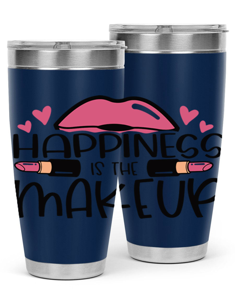 Hapiness Is The Makeup Style 95# Tumbler featuring a stylish design, double wall vacuum stainless steel construction, and a drink-thru lid.