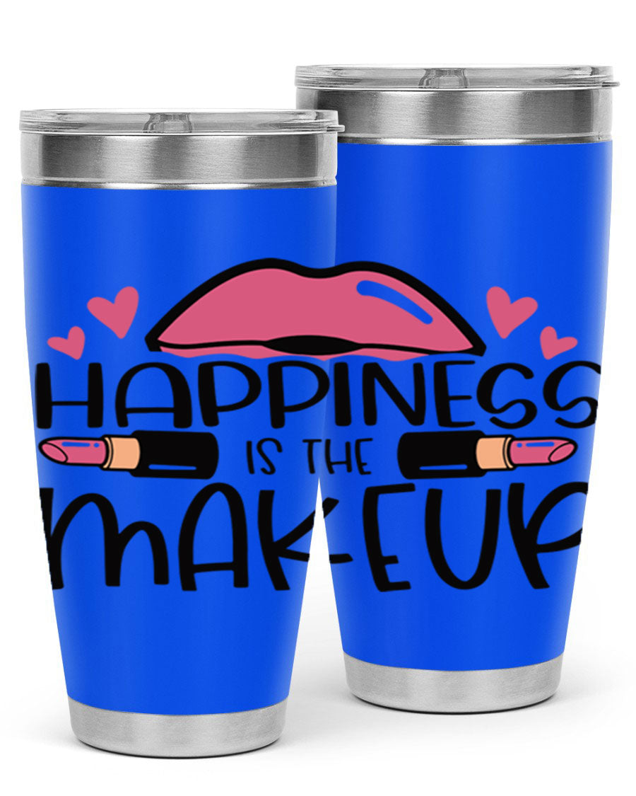 Hapiness Is The Makeup Style 95# Tumbler featuring a stylish design, double wall vacuum stainless steel construction, and a drink-thru lid.