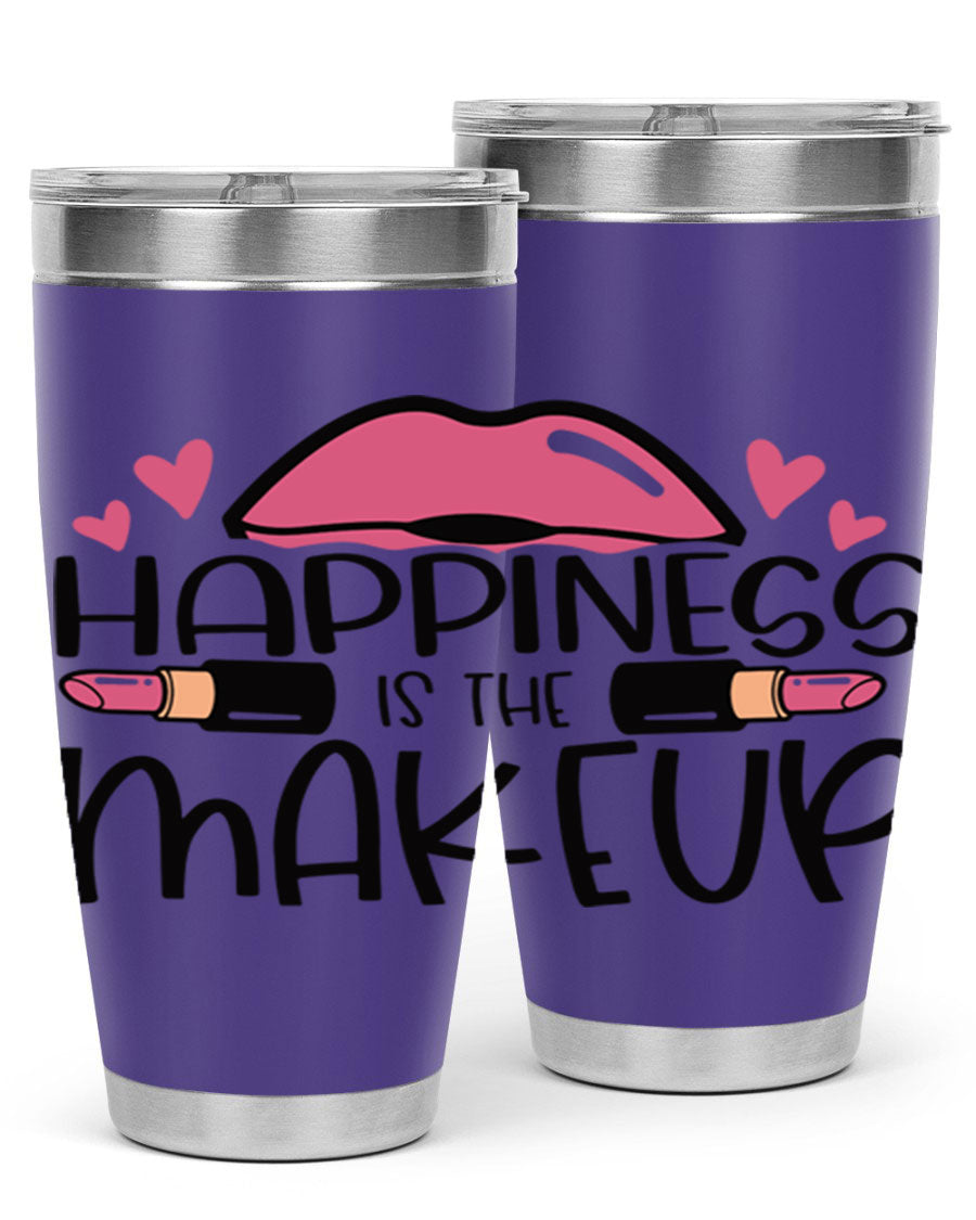Hapiness Is The Makeup Style 95# Tumbler featuring a stylish design, double wall vacuum stainless steel construction, and a drink-thru lid.