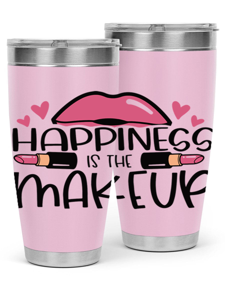 Hapiness Is The Makeup Style 95# Tumbler featuring a stylish design, double wall vacuum stainless steel construction, and a drink-thru lid.