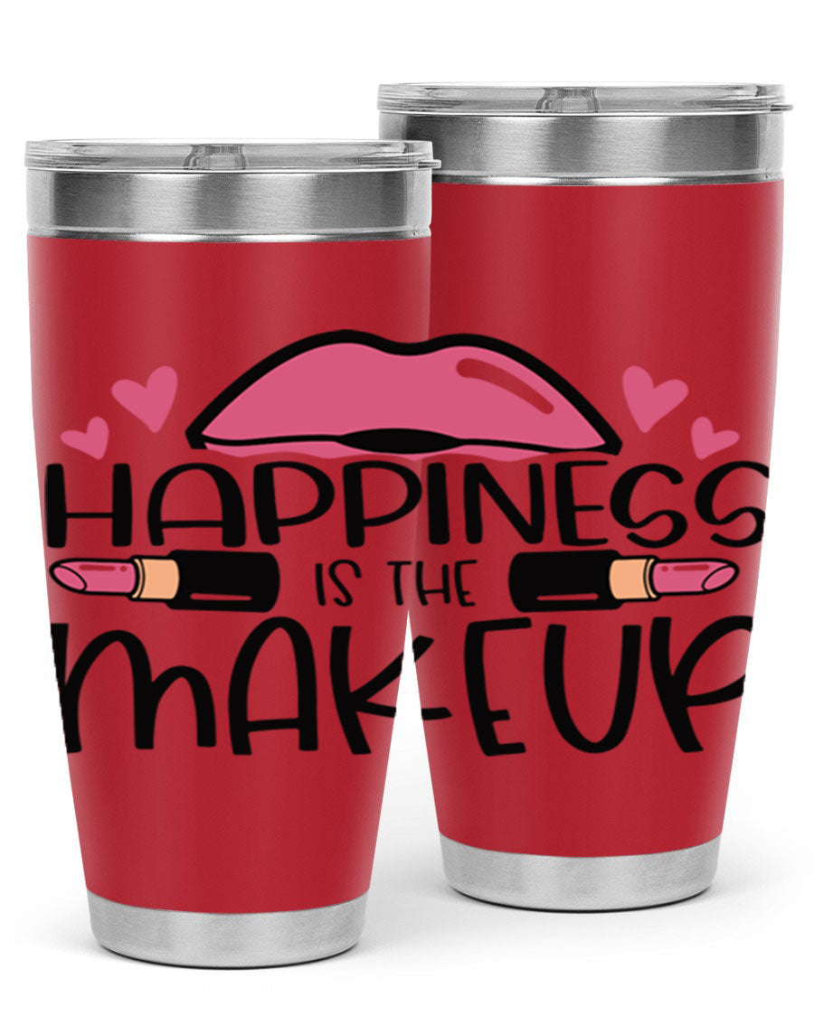 Hapiness Is The Makeup Style 95# Tumbler featuring a stylish design, double wall vacuum stainless steel construction, and a drink-thru lid.