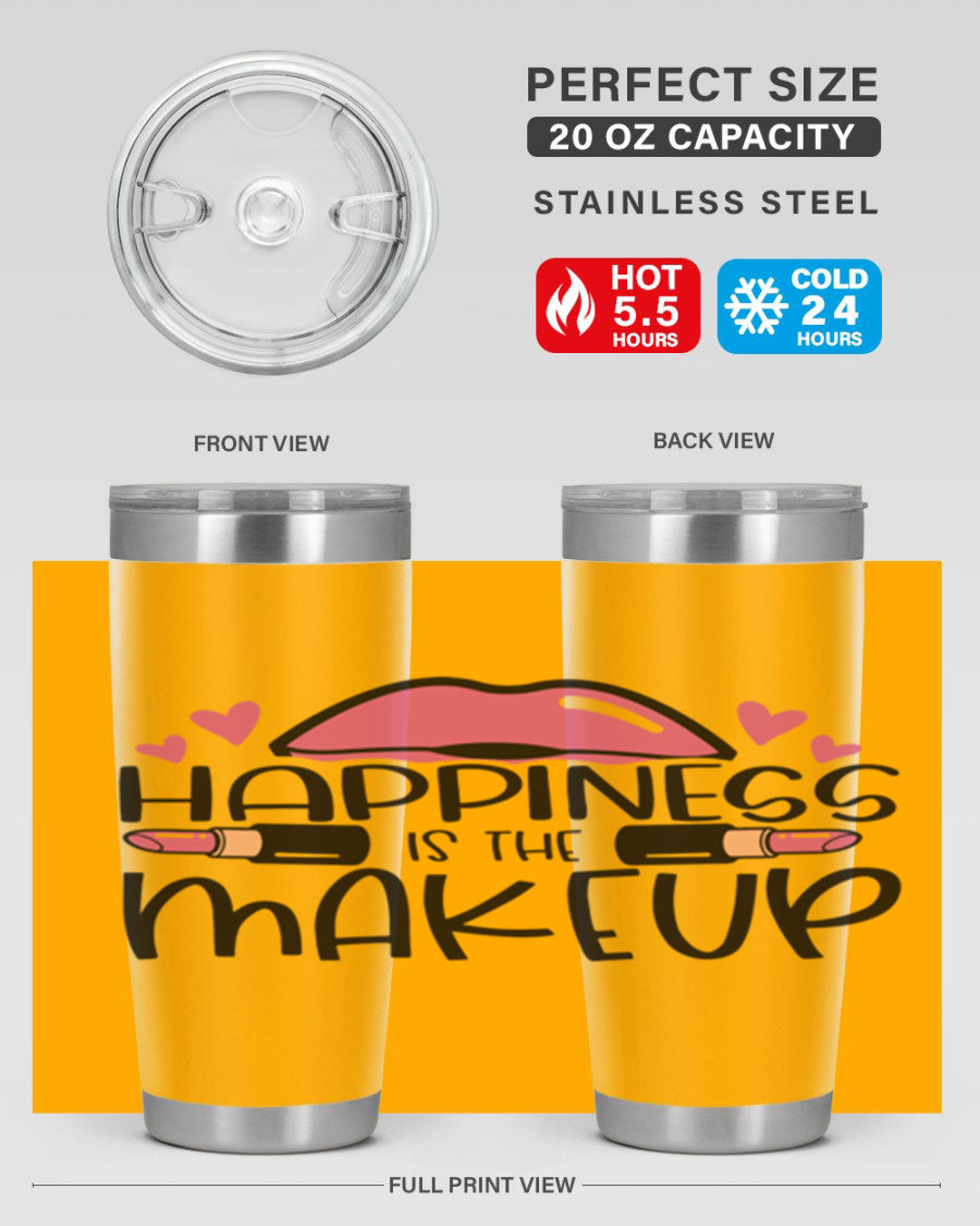 Hapiness Is The Makeup Style 95# Tumbler featuring a stylish design, double wall vacuum stainless steel construction, and a drink-thru lid.