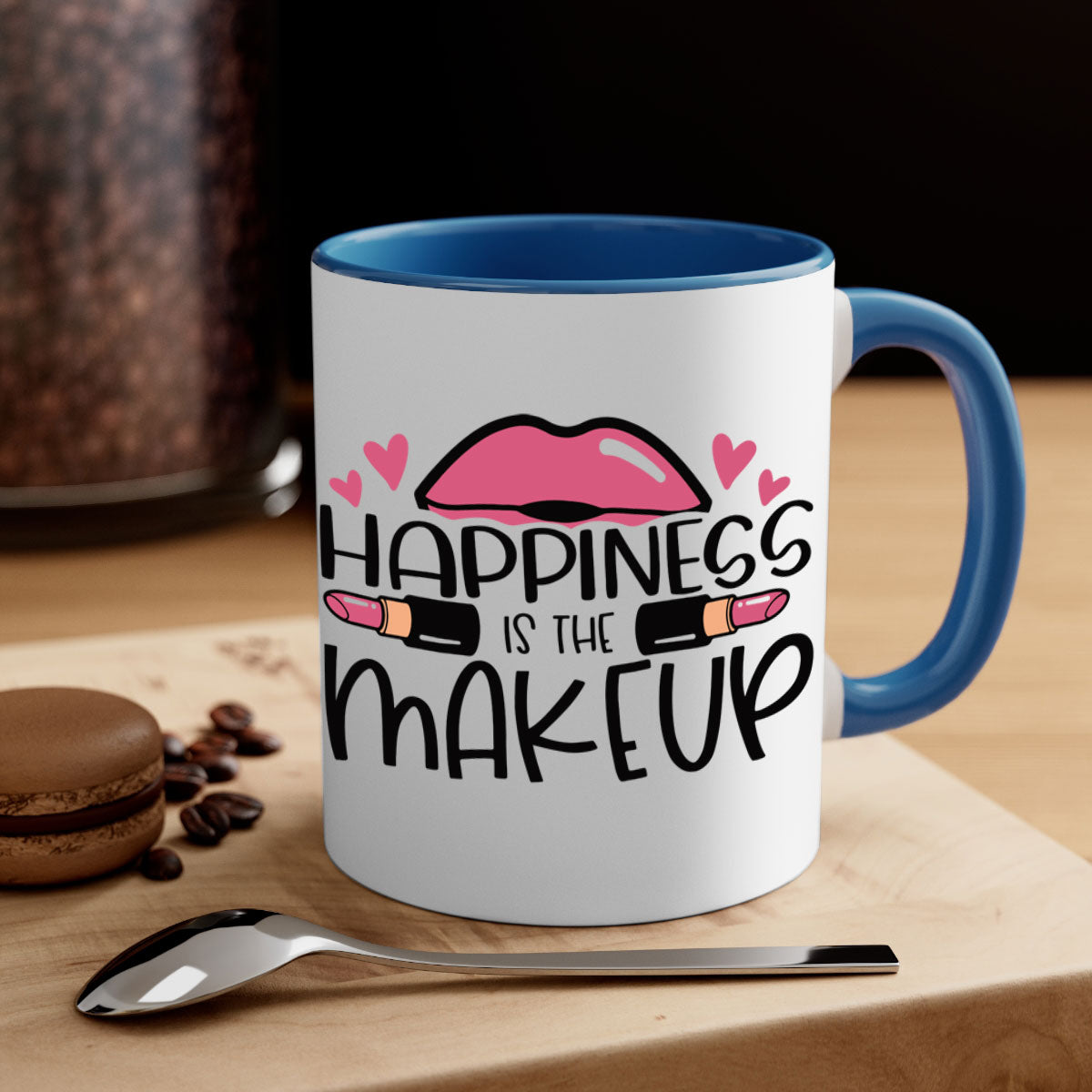Hapiness Is The Makeup Style 95# Mug featuring a glossy finish and colorful handle, perfect for coffee or tea.