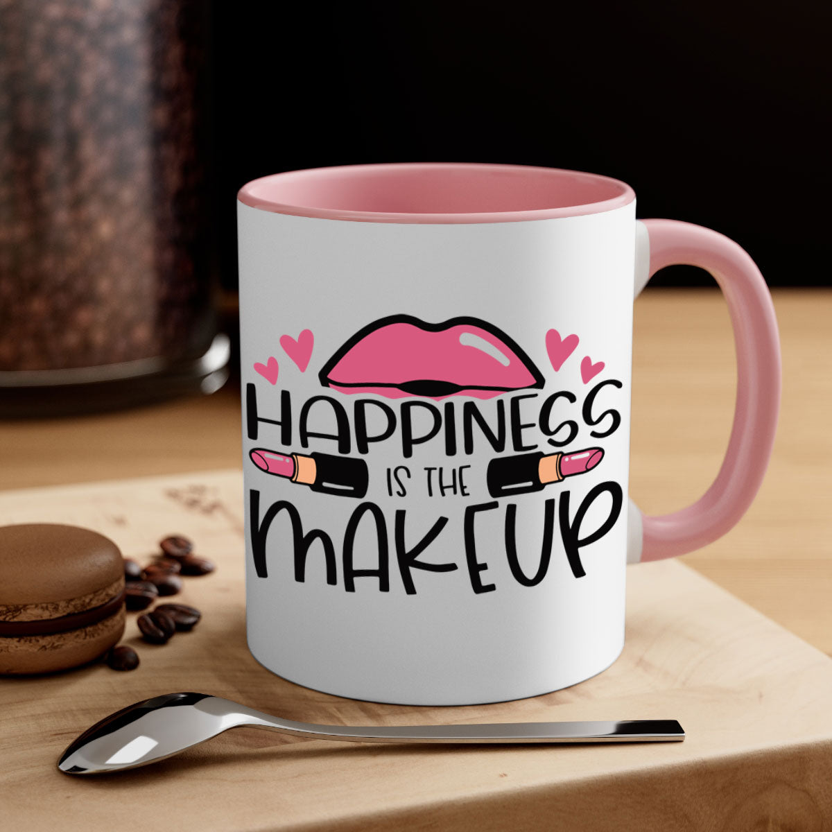 Hapiness Is The Makeup Style 95# Mug featuring a glossy finish and colorful handle, perfect for coffee or tea.