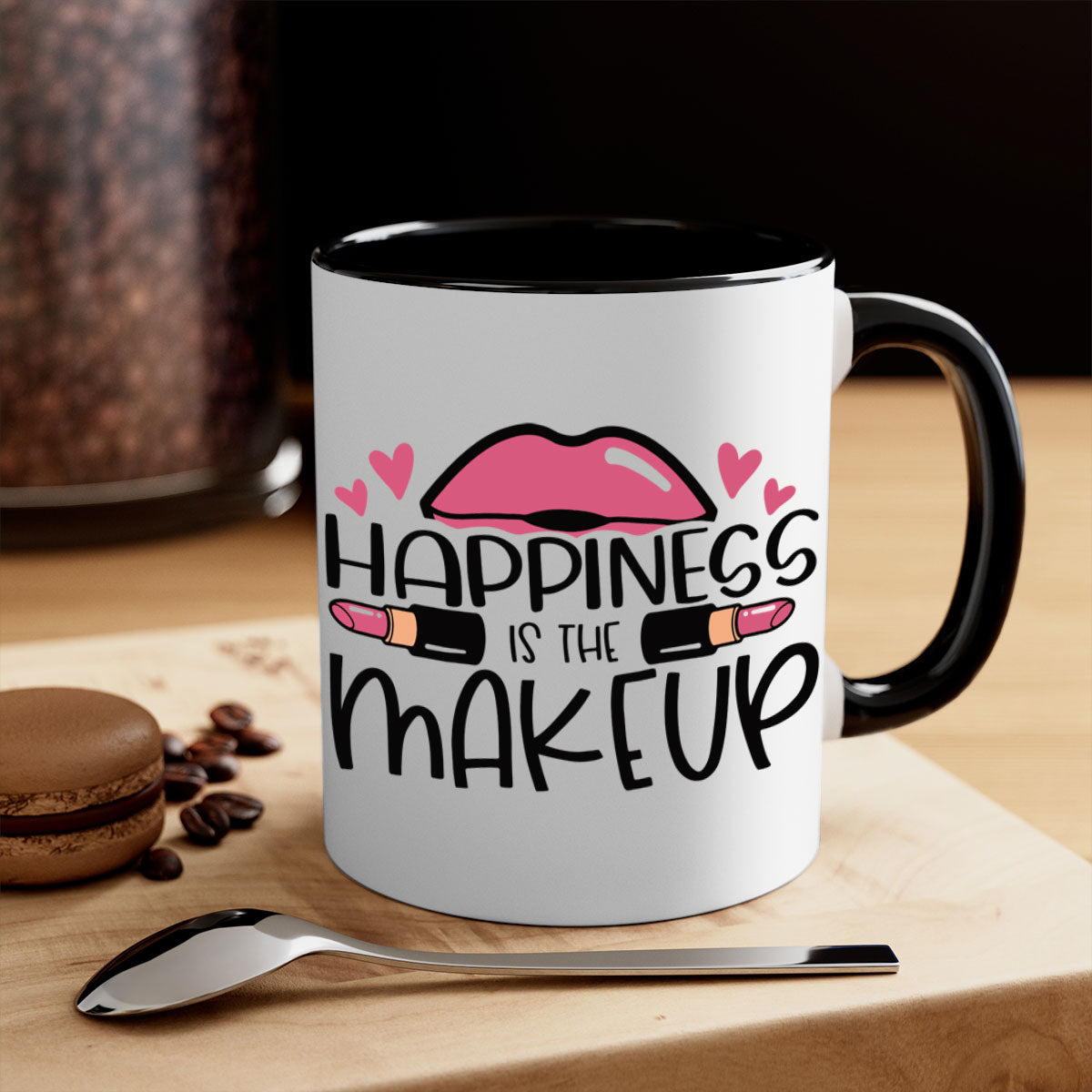 Hapiness Is The Makeup Style 95# Mug featuring a glossy finish and colorful handle, perfect for coffee or tea.