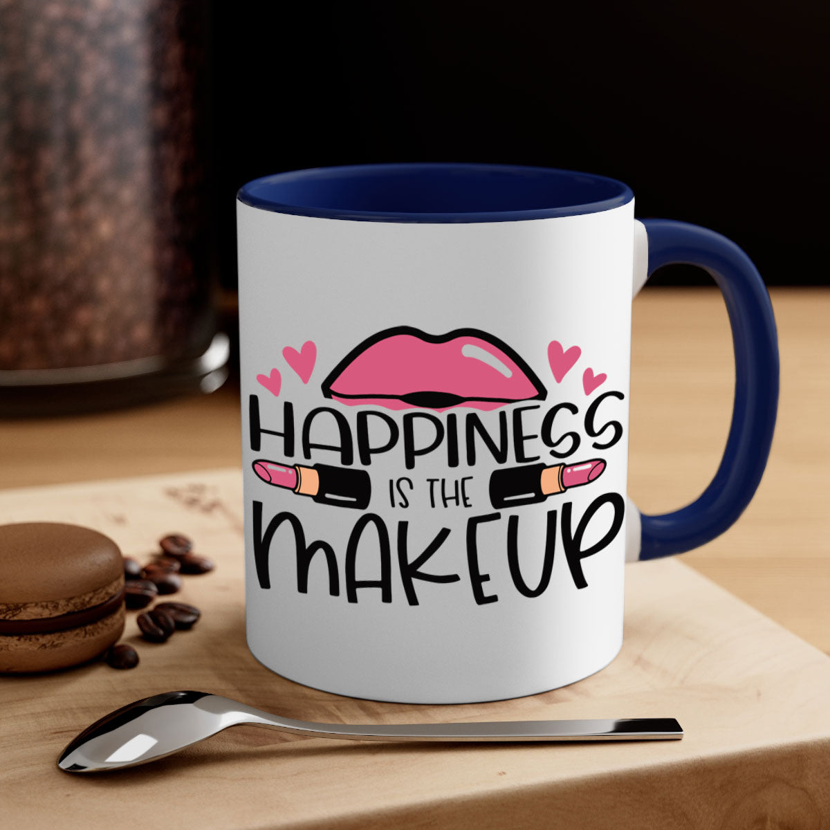 Hapiness Is The Makeup Style 95# Mug featuring a glossy finish and colorful handle, perfect for coffee or tea.
