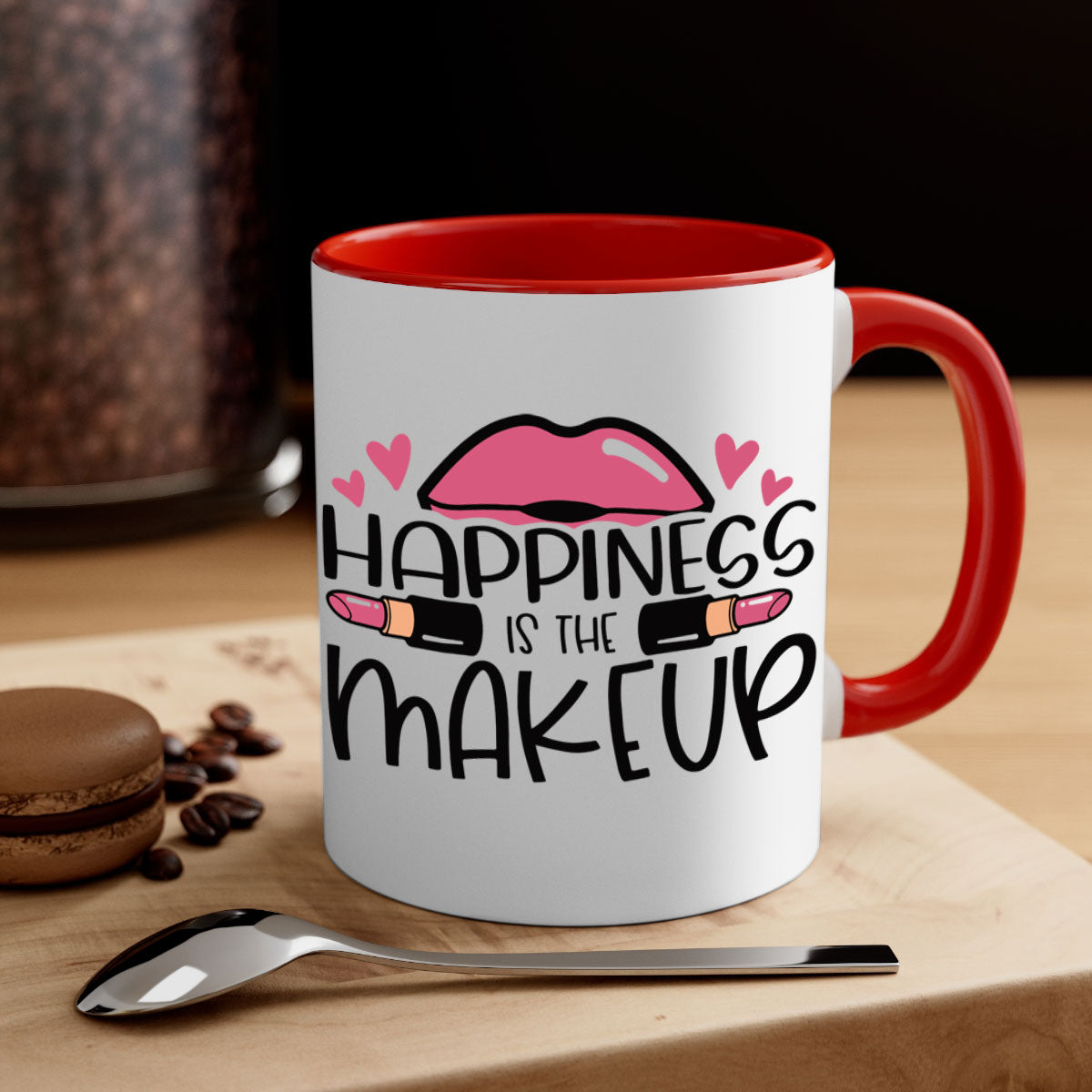 Hapiness Is The Makeup Style 95# Mug featuring a glossy finish and colorful handle, perfect for coffee or tea.