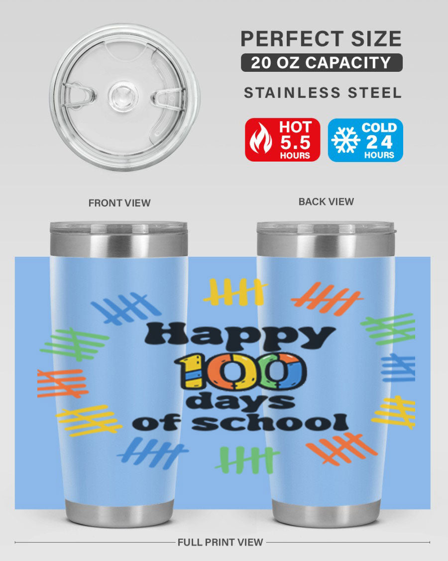 Happy 100 Days of School tumbler featuring vibrant design, double wall vacuum stainless steel, and a drink-thru lid.