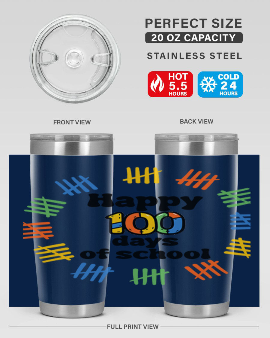 Happy 100 Days of School tumbler featuring vibrant design, double wall vacuum stainless steel, and a drink-thru lid.