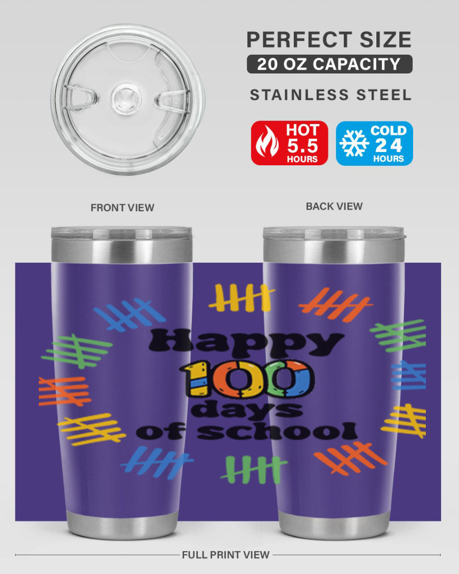Happy 100 Days of School tumbler featuring vibrant design, double wall vacuum stainless steel, and a drink-thru lid.