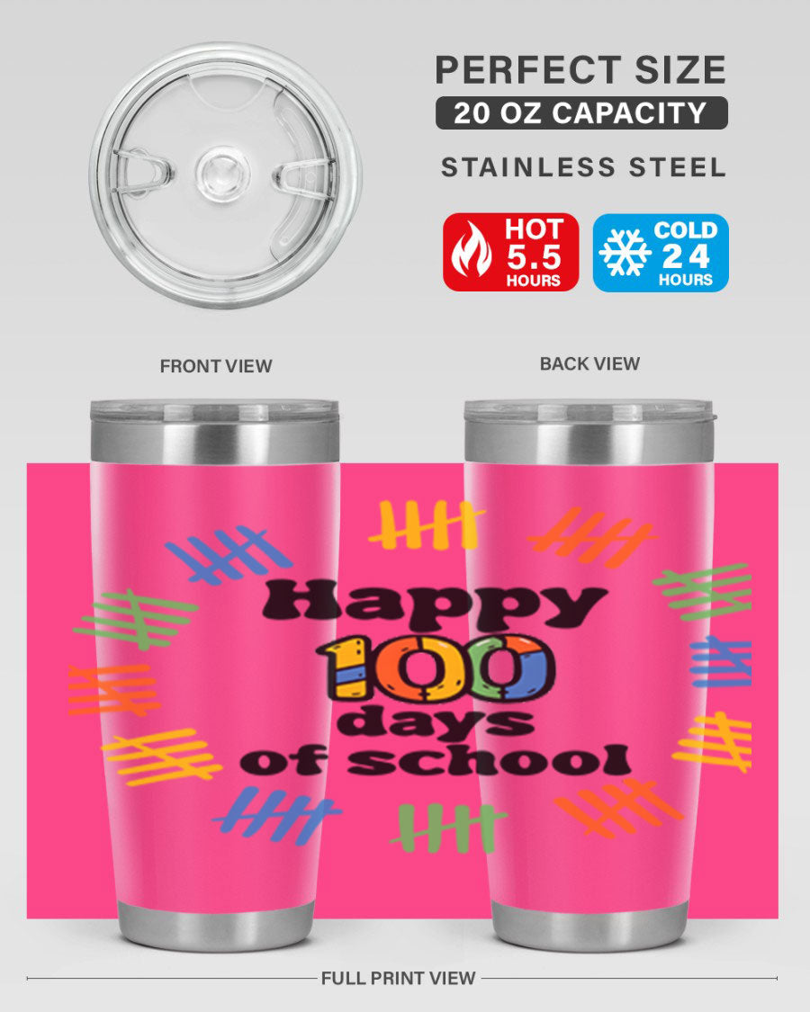 Happy 100 Days of School tumbler featuring vibrant design, double wall vacuum stainless steel, and a drink-thru lid.