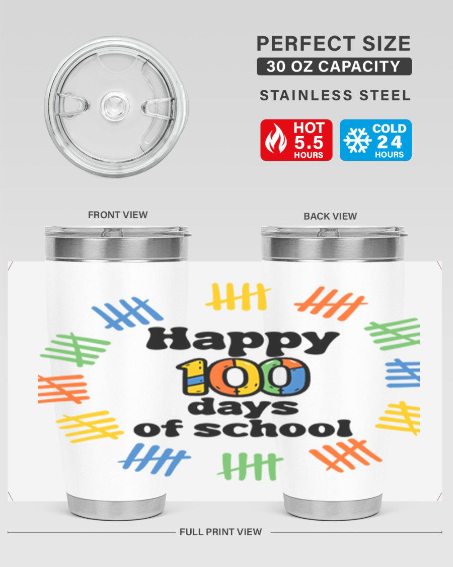 Happy 100 Days of School tumbler featuring vibrant design, double wall vacuum stainless steel, and a drink-thru lid.