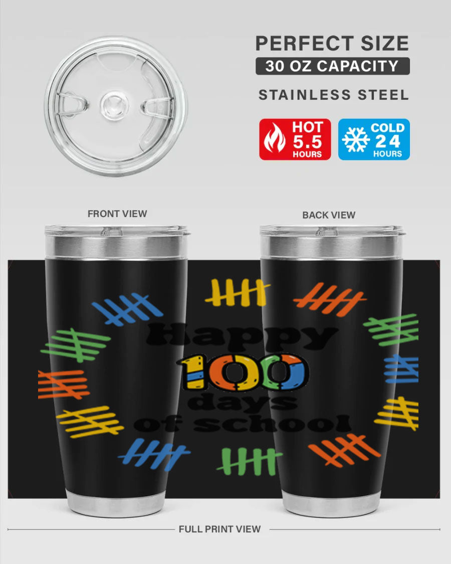 Happy 100 Days of School tumbler featuring vibrant design, double wall vacuum stainless steel, and a drink-thru lid.