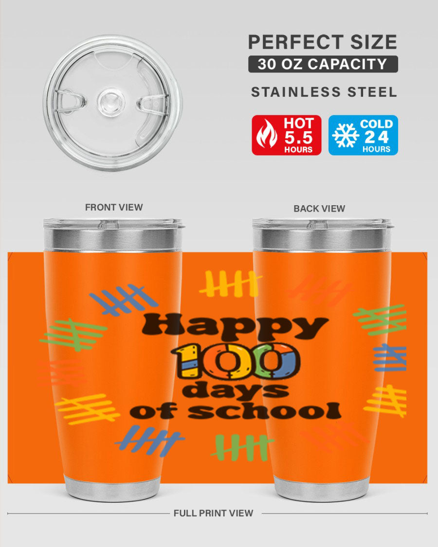 Happy 100 Days of School tumbler featuring vibrant design, double wall vacuum stainless steel, and a drink-thru lid.