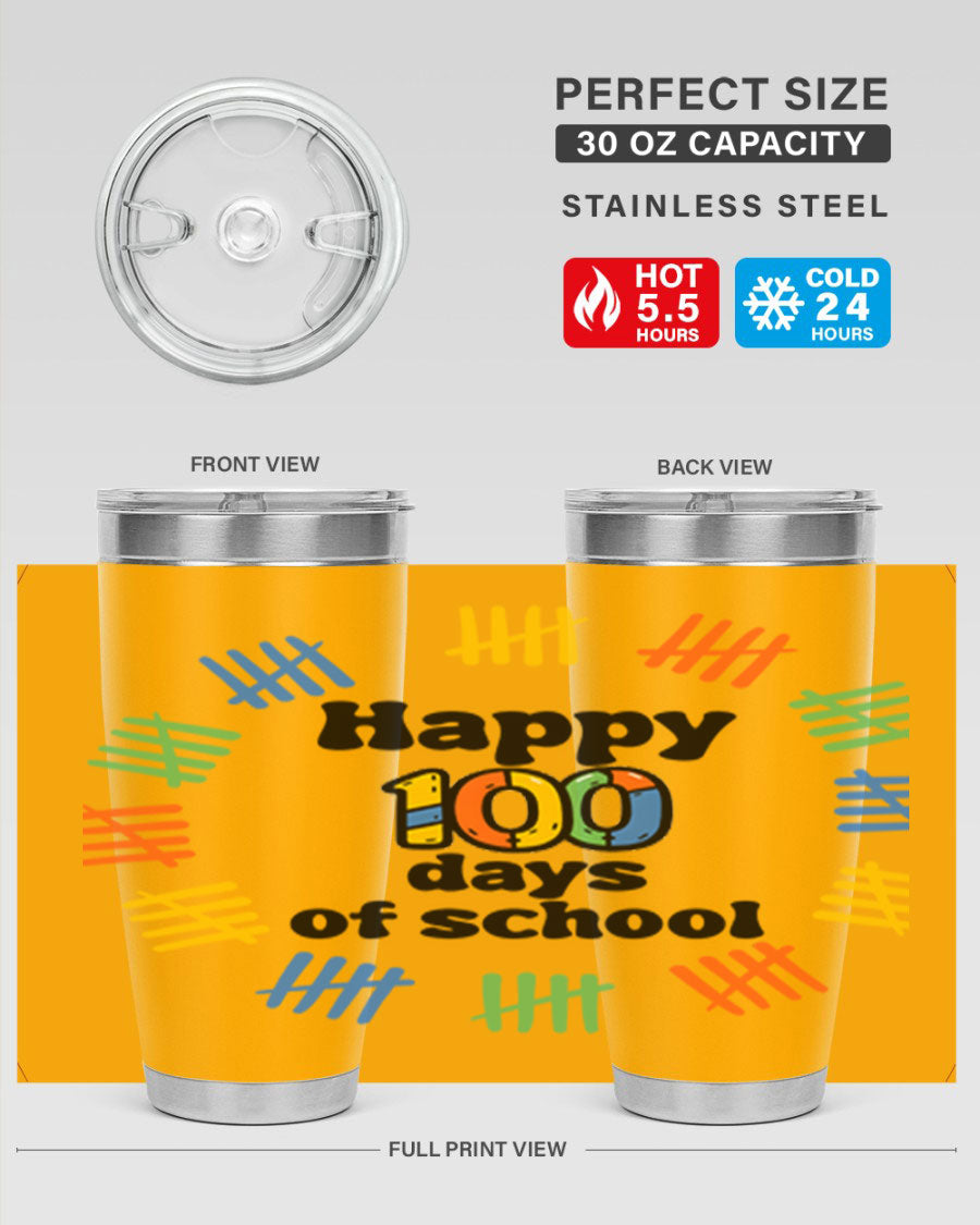 Happy 100 Days of School tumbler featuring vibrant design, double wall vacuum stainless steel, and a drink-thru lid.