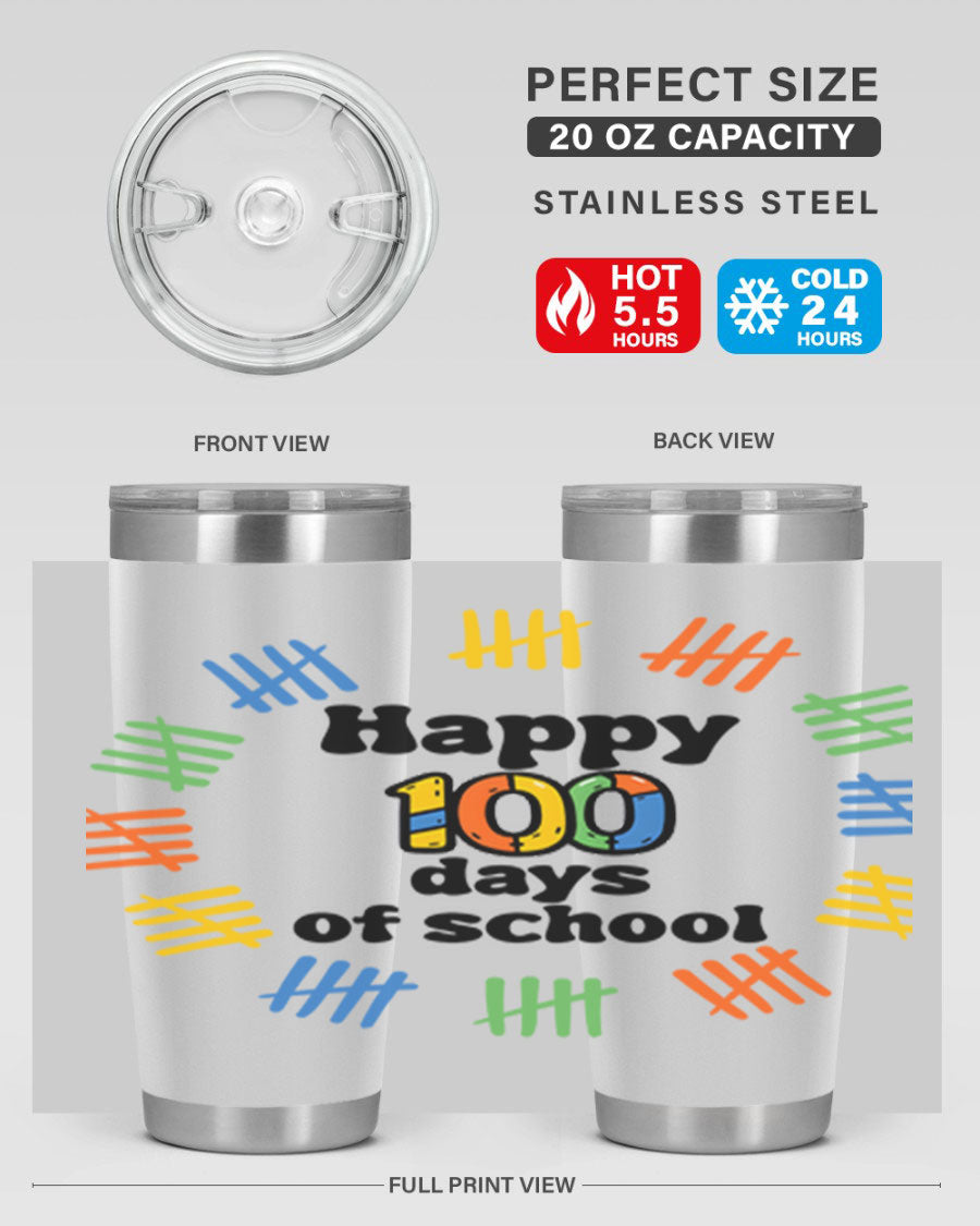 Happy 100 Days of School tumbler featuring vibrant design, double wall vacuum stainless steel, and a drink-thru lid.