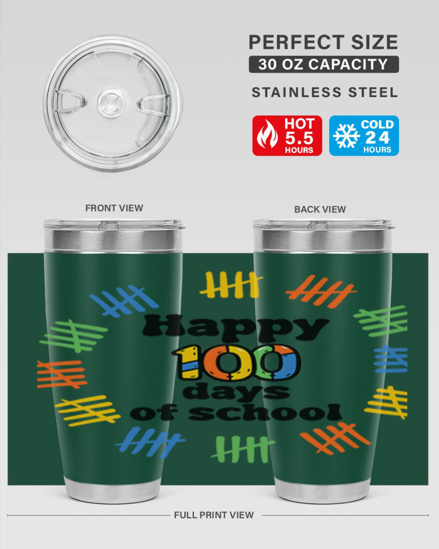 Happy 100 Days of School tumbler featuring vibrant design, double wall vacuum stainless steel, and a drink-thru lid.