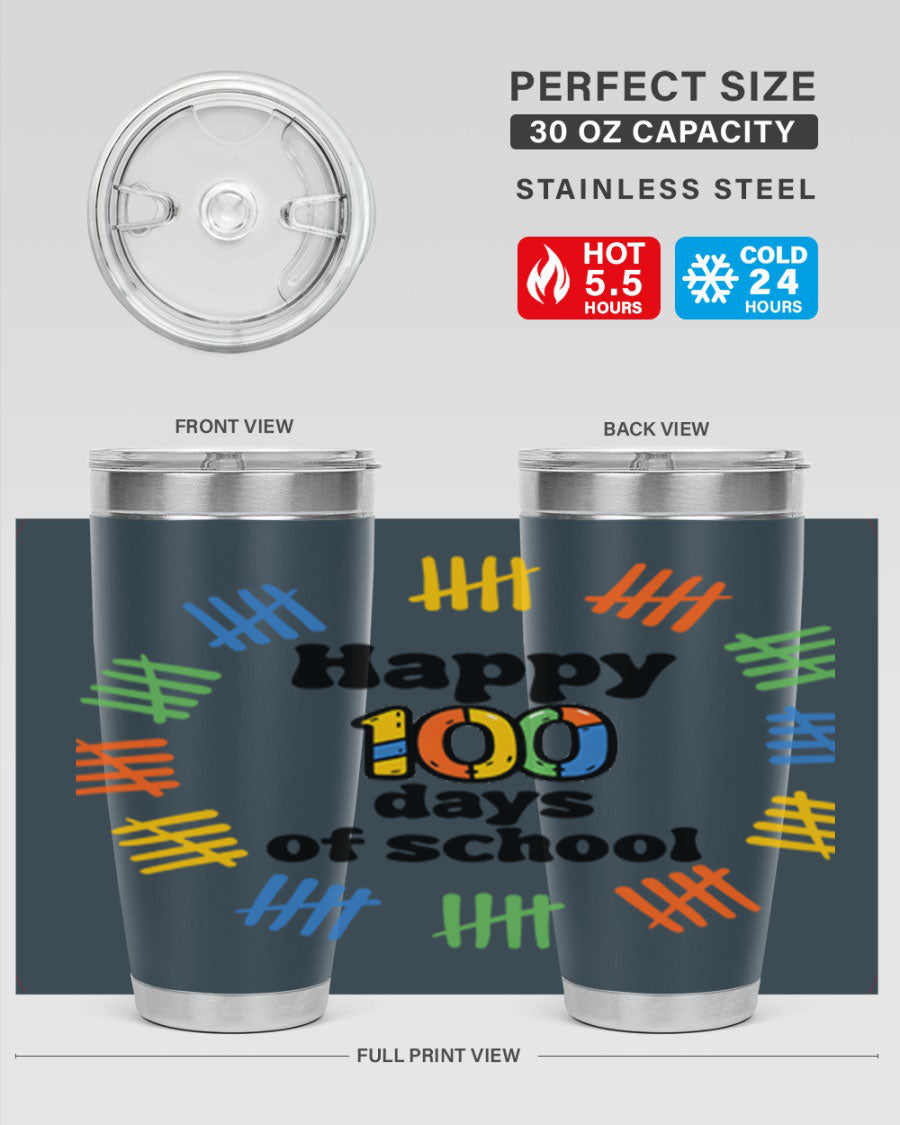 Happy 100 Days of School tumbler featuring vibrant design, double wall vacuum stainless steel, and a drink-thru lid.