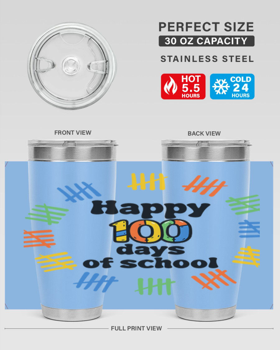 Happy 100 Days of School tumbler featuring vibrant design, double wall vacuum stainless steel, and a drink-thru lid.