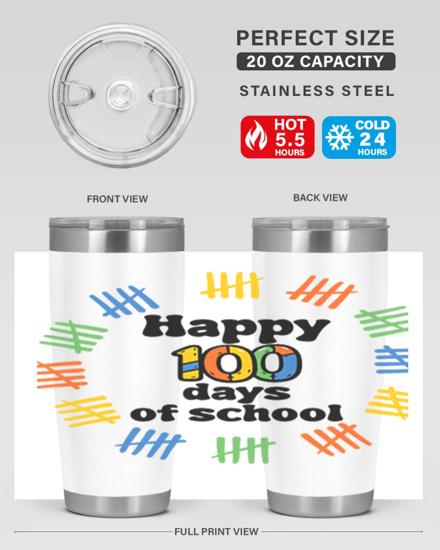 Happy 100 Days of School tumbler featuring vibrant design, double wall vacuum stainless steel, and a drink-thru lid.