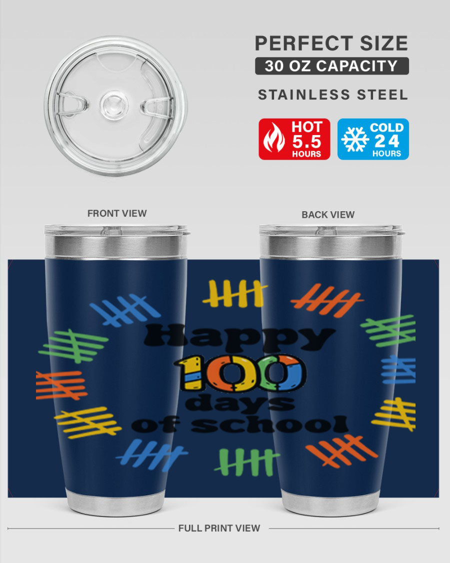 Happy 100 Days of School tumbler featuring vibrant design, double wall vacuum stainless steel, and a drink-thru lid.