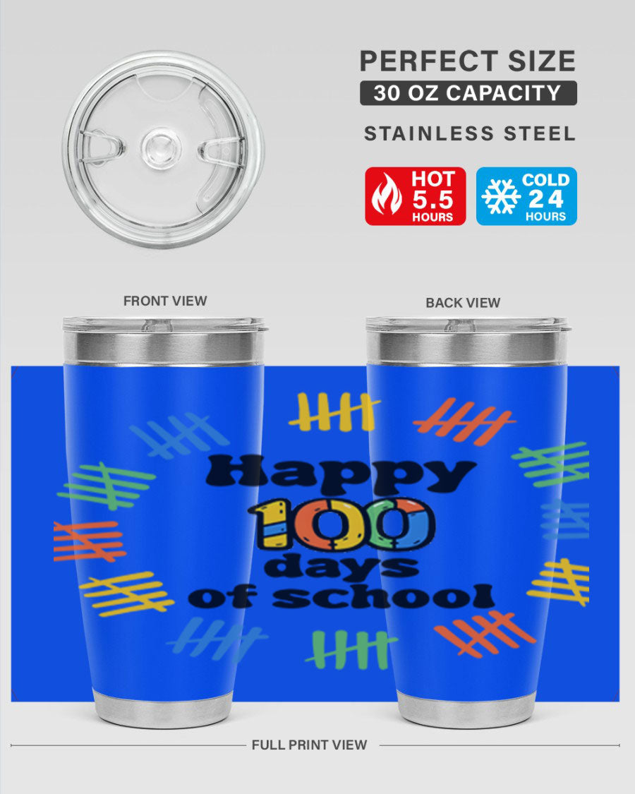 Happy 100 Days of School tumbler featuring vibrant design, double wall vacuum stainless steel, and a drink-thru lid.