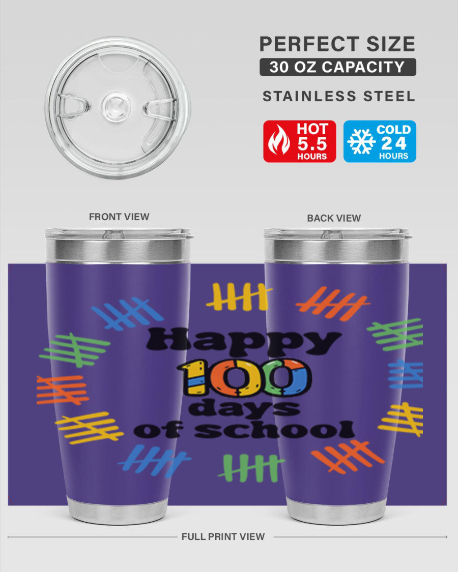 Happy 100 Days of School tumbler featuring vibrant design, double wall vacuum stainless steel, and a drink-thru lid.