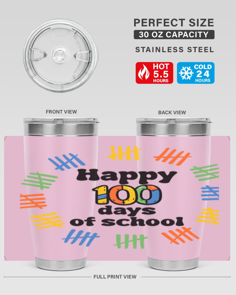 Happy 100 Days of School tumbler featuring vibrant design, double wall vacuum stainless steel, and a drink-thru lid.