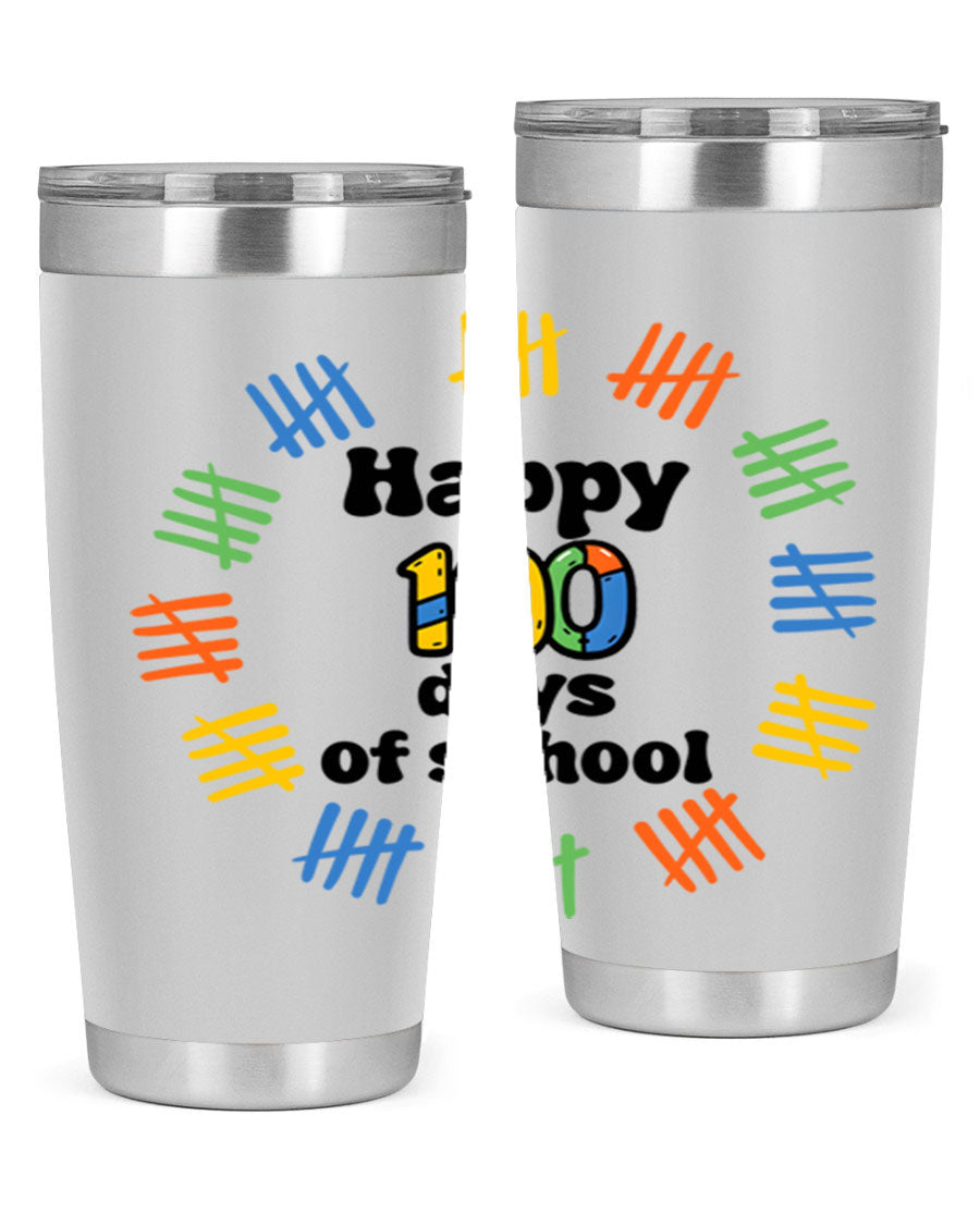 Happy 100 Days of School tumbler featuring vibrant design, double wall vacuum stainless steel, and a drink-thru lid.
