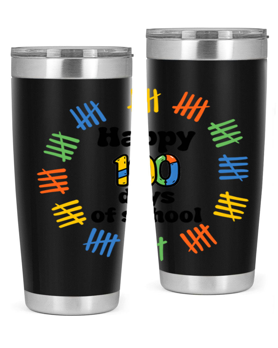 Happy 100 Days of School tumbler featuring vibrant design, double wall vacuum stainless steel, and a drink-thru lid.