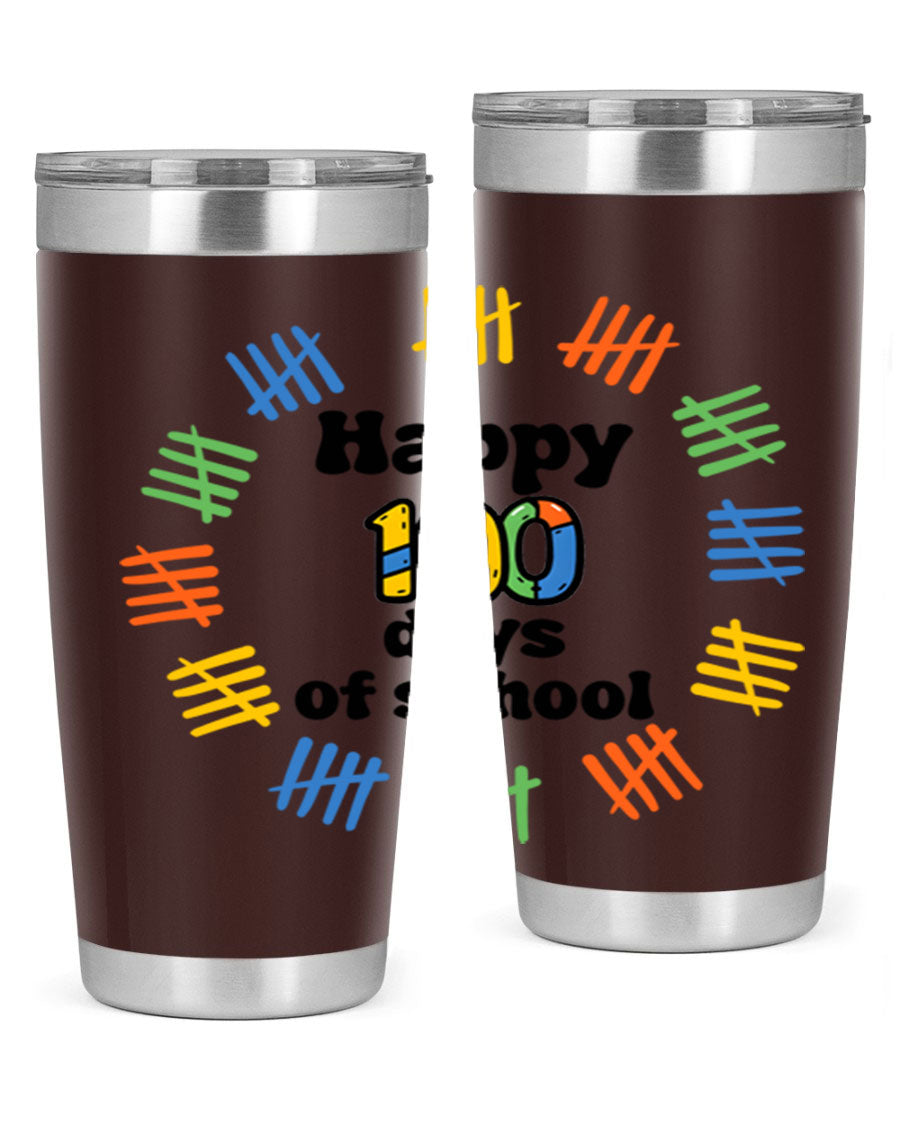Happy 100 Days of School tumbler featuring vibrant design, double wall vacuum stainless steel, and a drink-thru lid.