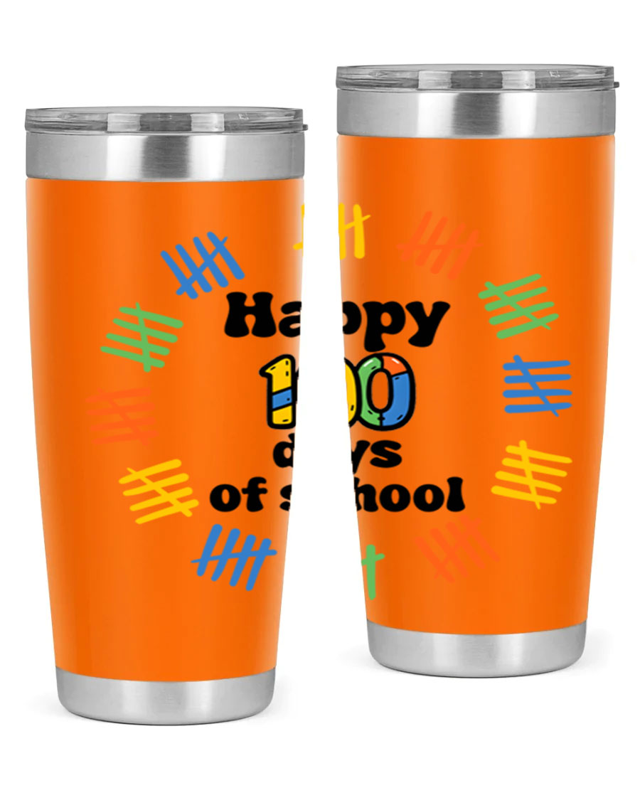 Happy 100 Days of School tumbler featuring vibrant design, double wall vacuum stainless steel, and a drink-thru lid.