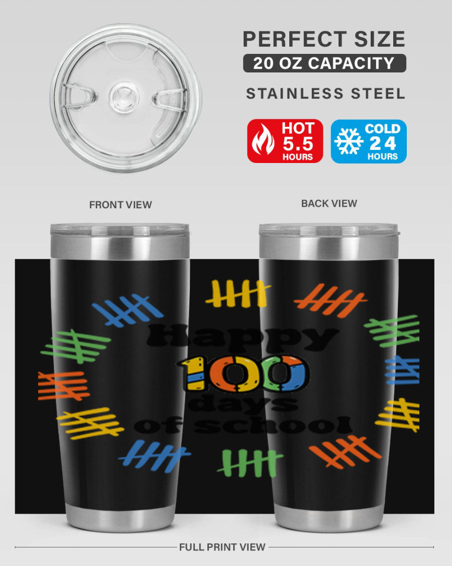 Happy 100 Days of School tumbler featuring vibrant design, double wall vacuum stainless steel, and a drink-thru lid.