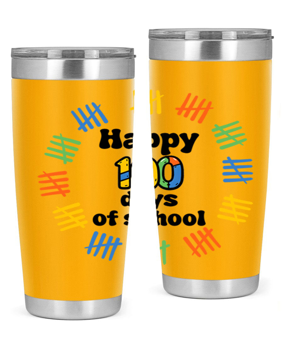 Happy 100 Days of School tumbler featuring vibrant design, double wall vacuum stainless steel, and a drink-thru lid.