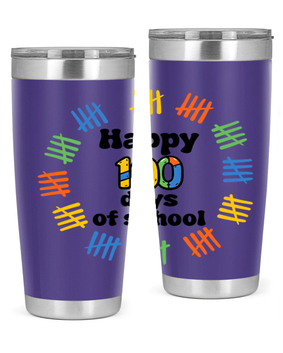 Happy 100 Days of School tumbler featuring vibrant design, double wall vacuum stainless steel, and a drink-thru lid.