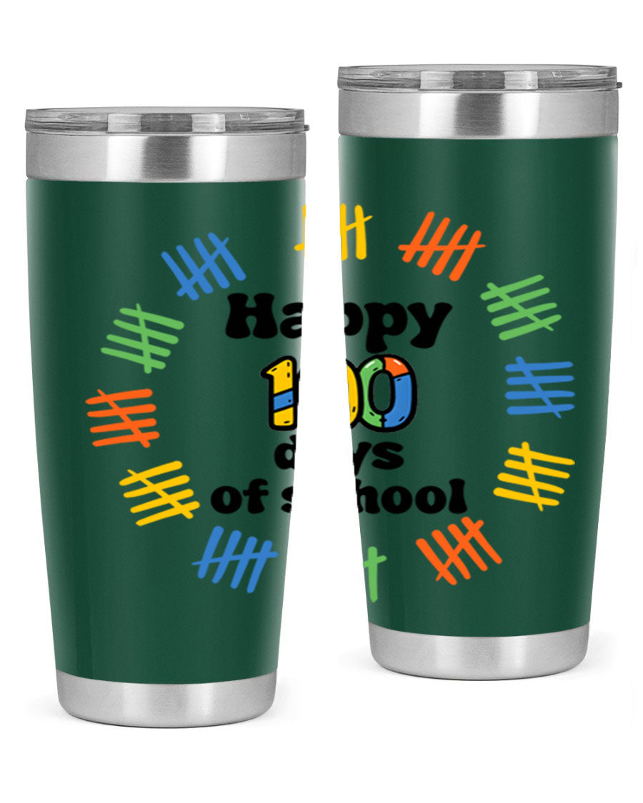Happy 100 Days of School tumbler featuring vibrant design, double wall vacuum stainless steel, and a drink-thru lid.