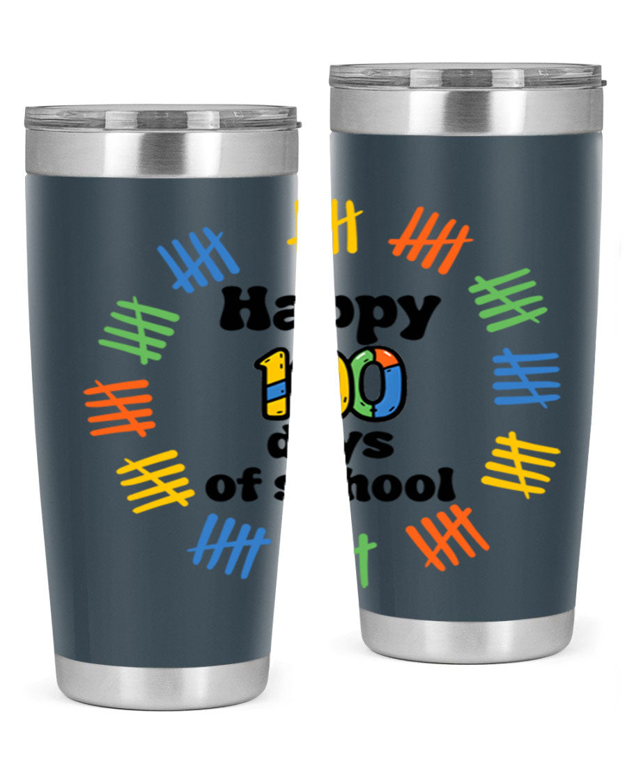 Happy 100 Days of School tumbler featuring vibrant design, double wall vacuum stainless steel, and a drink-thru lid.