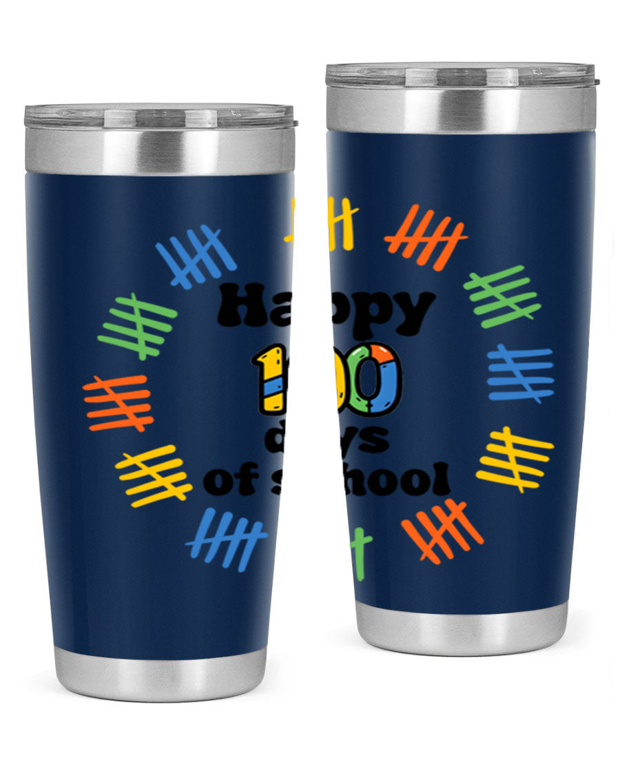 Happy 100 Days of School tumbler featuring vibrant design, double wall vacuum stainless steel, and a drink-thru lid.