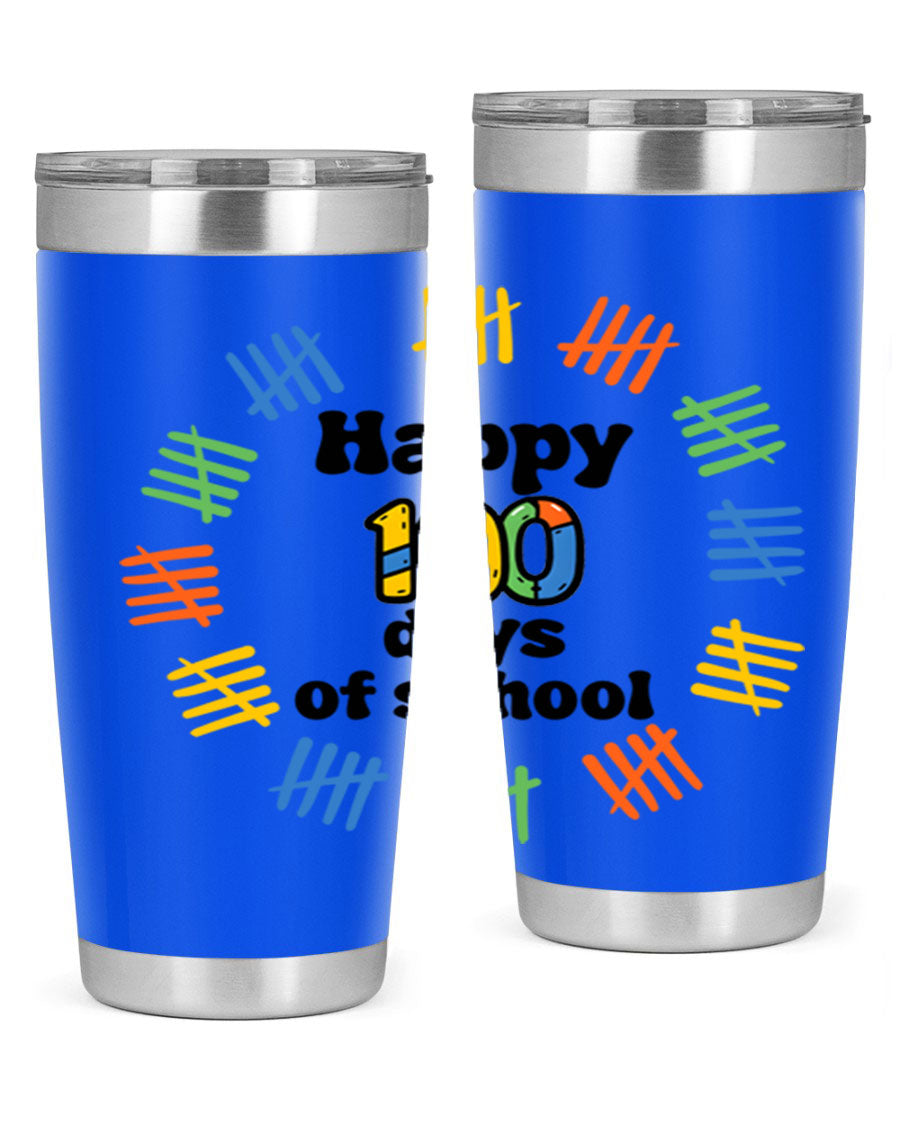 Happy 100 Days of School tumbler featuring vibrant design, double wall vacuum stainless steel, and a drink-thru lid.