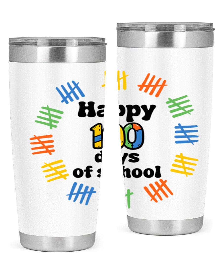 Happy 100 Days of School tumbler featuring vibrant design, double wall vacuum stainless steel, and a drink-thru lid.
